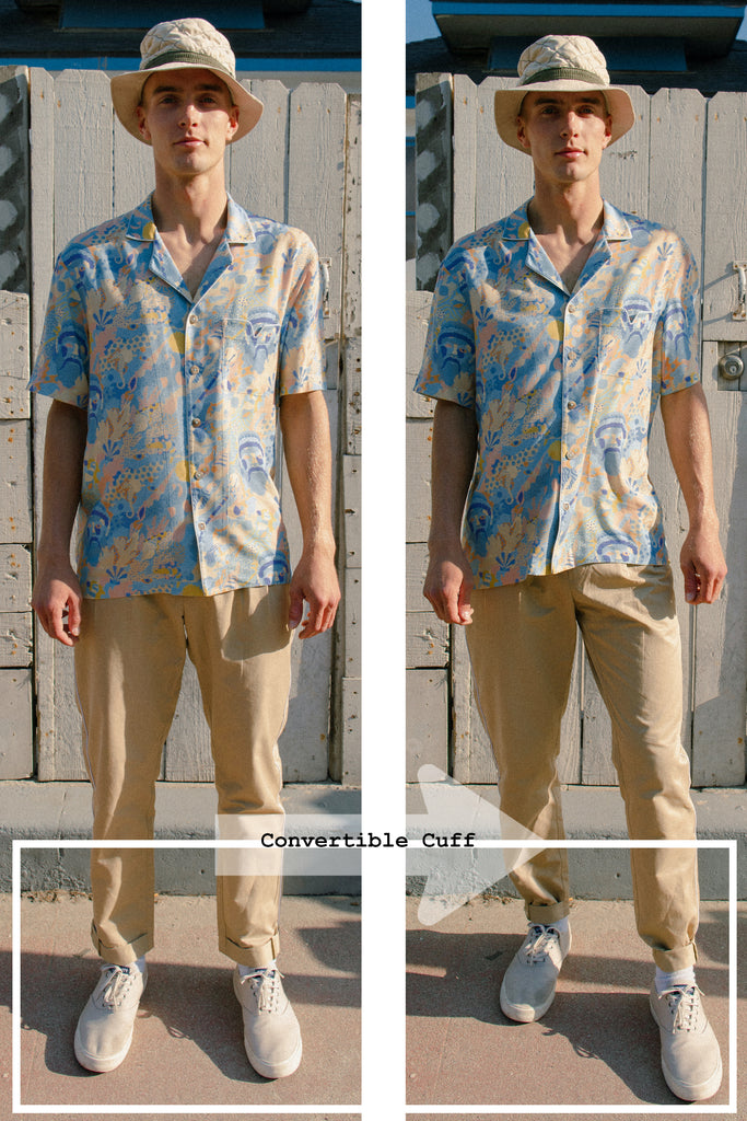 Two side by side pictures of male model showing versatility of the button up convertible cuff