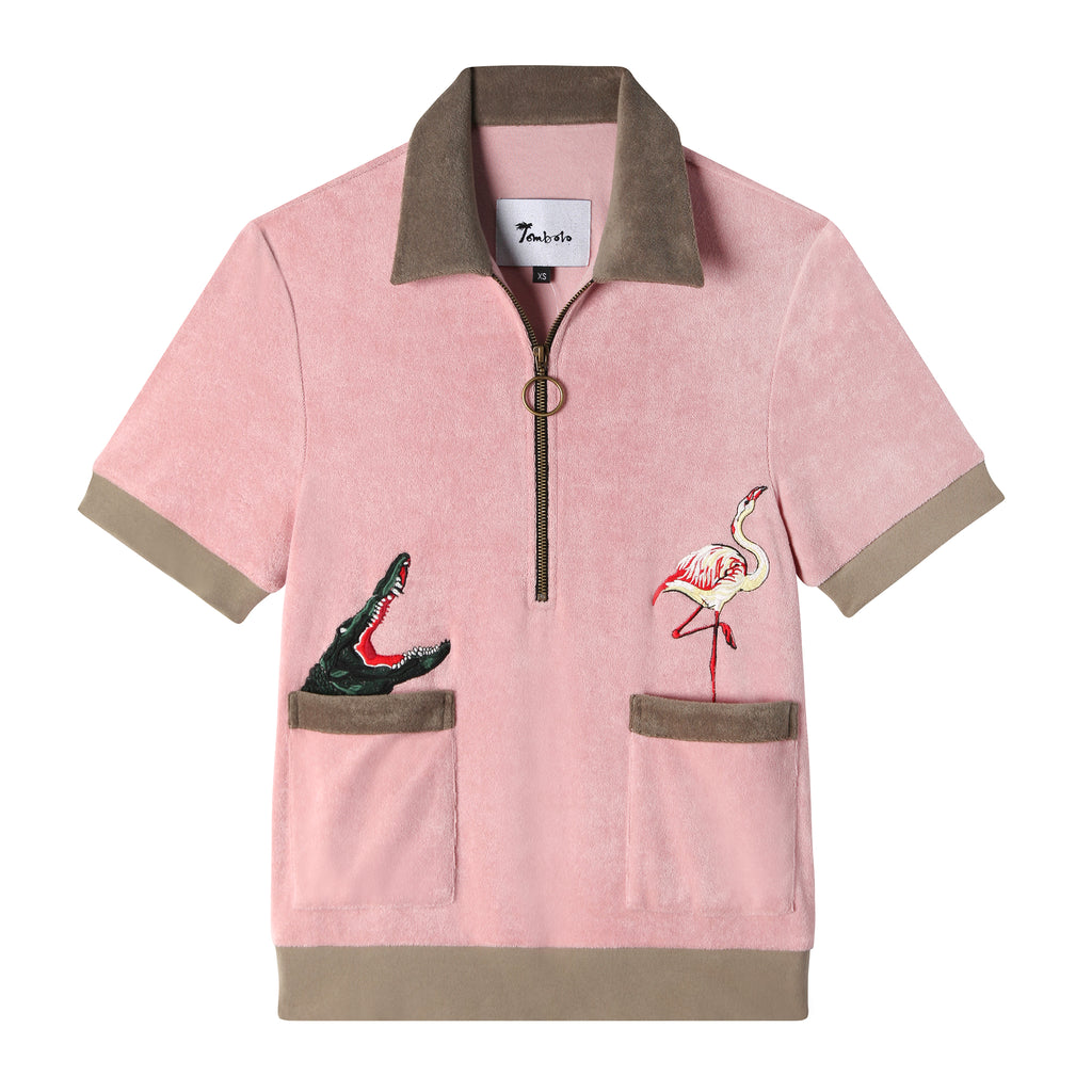 fun stylish caban shirt with embroidered crocodile chasing a flamingo for some whimsical nostalgia