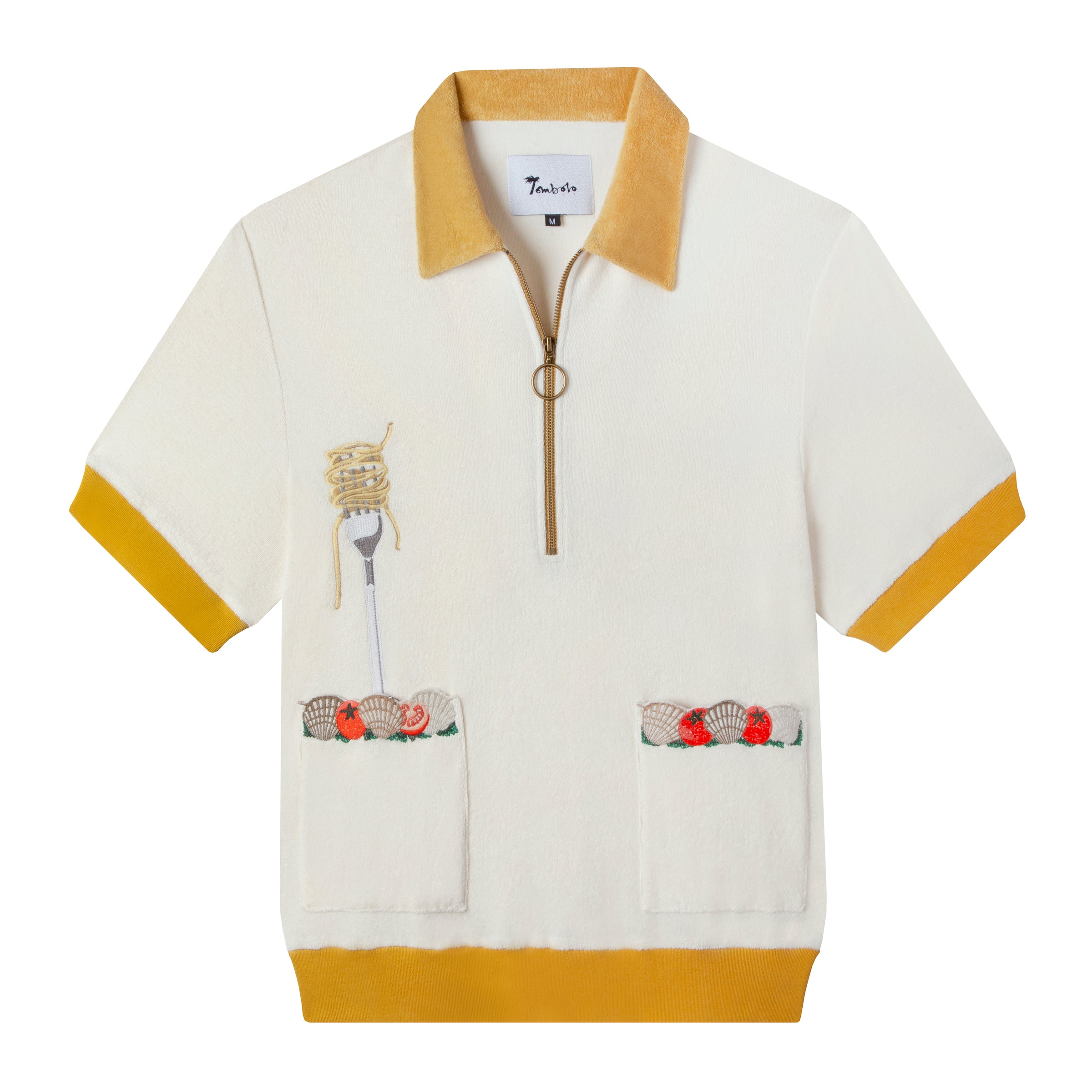 Dine al fresco in a shirt with all the ingredients you need for spaghetti alle vongole,part of a matching set in organic cotton terry cloth