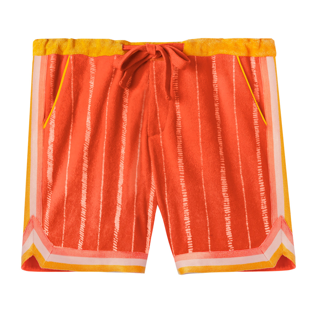flat lay product photo of shorts with drawstring tied