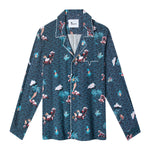 Front lay flat view of shirt with recurring pink Adam and Eve in a tropical garden of Eden print over blue waves with white piping along pocket and collar