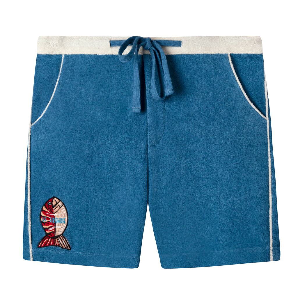 front lay flat view of shorts with drawstring tied
