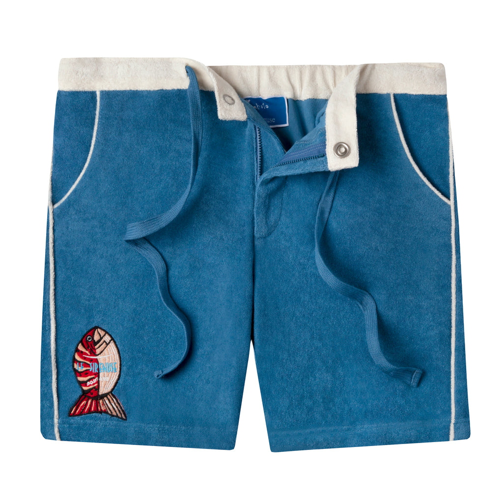 front lay flat view of shorts showing unzipped fly and outer drawstring as well as appliqued le sirenuse fish on bottom left corner