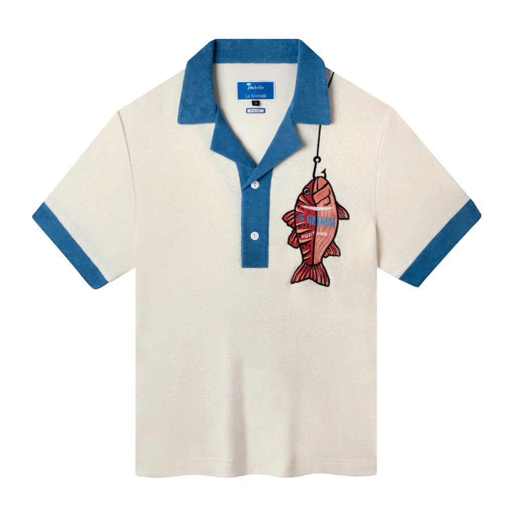 Lay flat product photo of front of shirt showing embroidery and contrast detailing