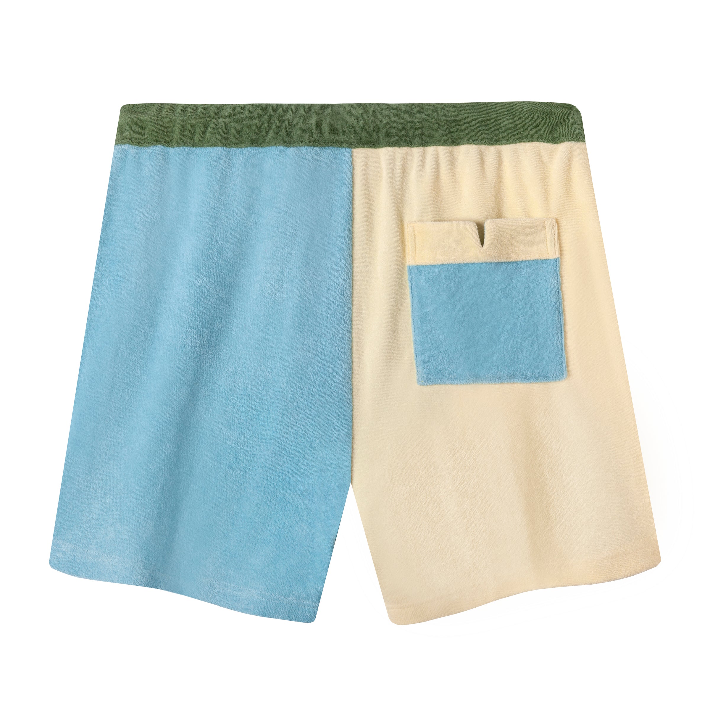 Back view of shorts with blue and yellow colorblocked pocket on yellow pants leg