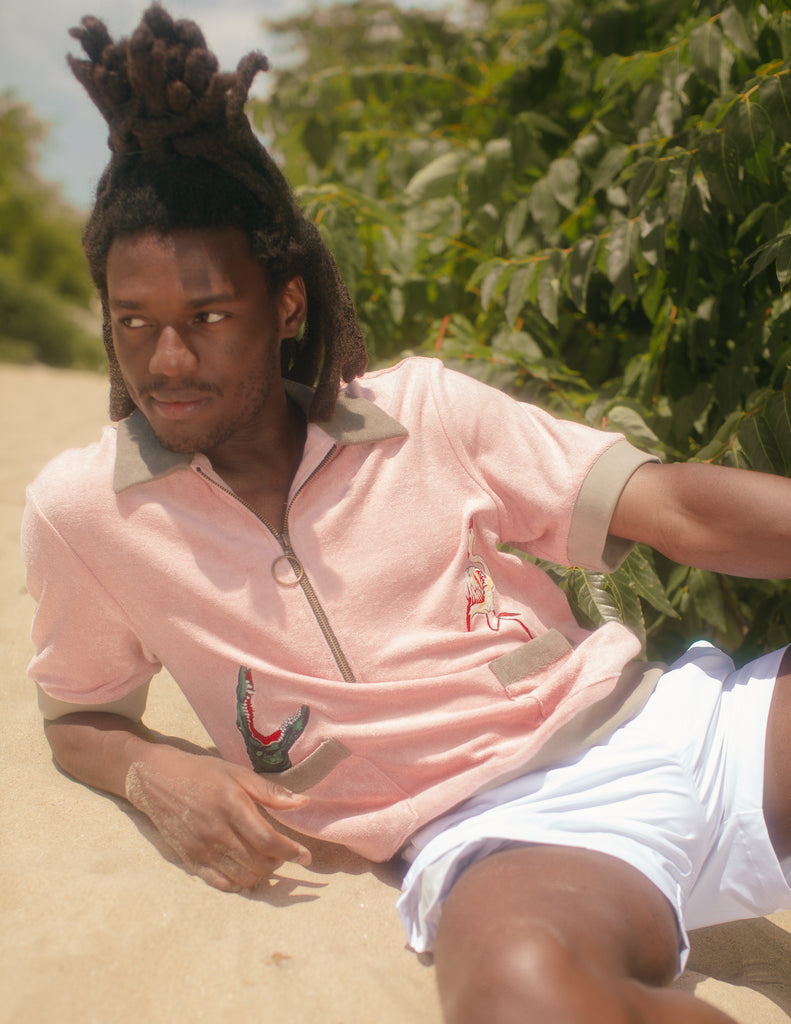 bring nostalgia and whimsical fun to your next event or adventure with this pink terry cloth cabana shirt