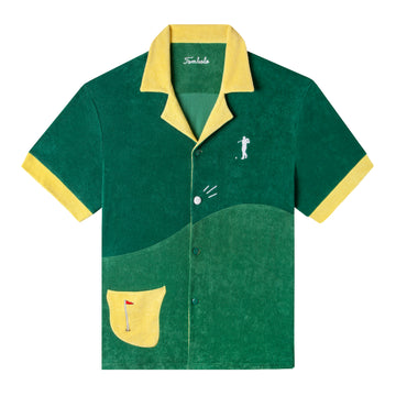 organic cotton terrycloth cabana shirt featuring a golf-themed design with different shades of green terrycloth for the fairway and the rough along with yellow accents on the collar, sleeves, and front sand trap pocket