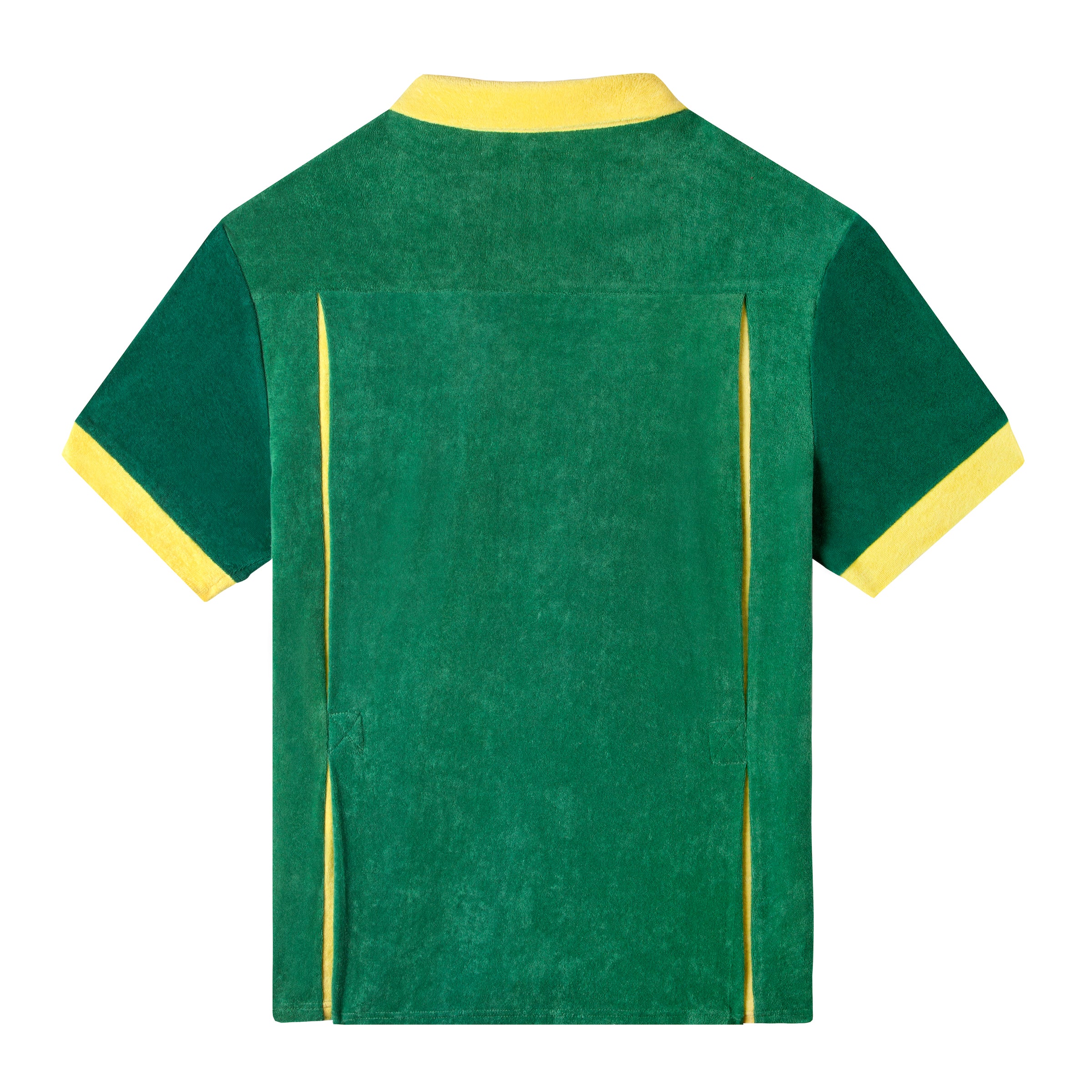 Back view of the shirt showing the pleated back with two yellow pleats