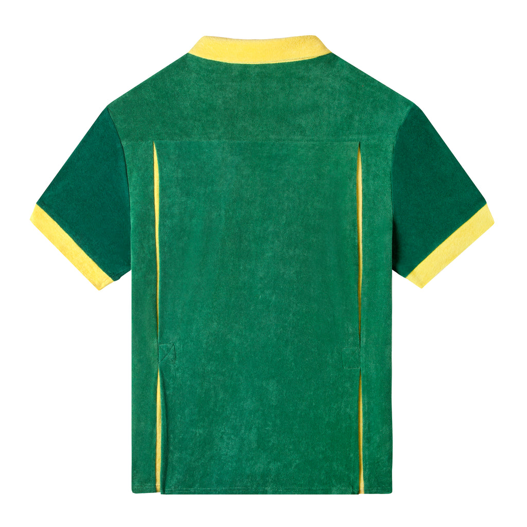 Back view of the shirt showing the pleated back with two yellow pleats