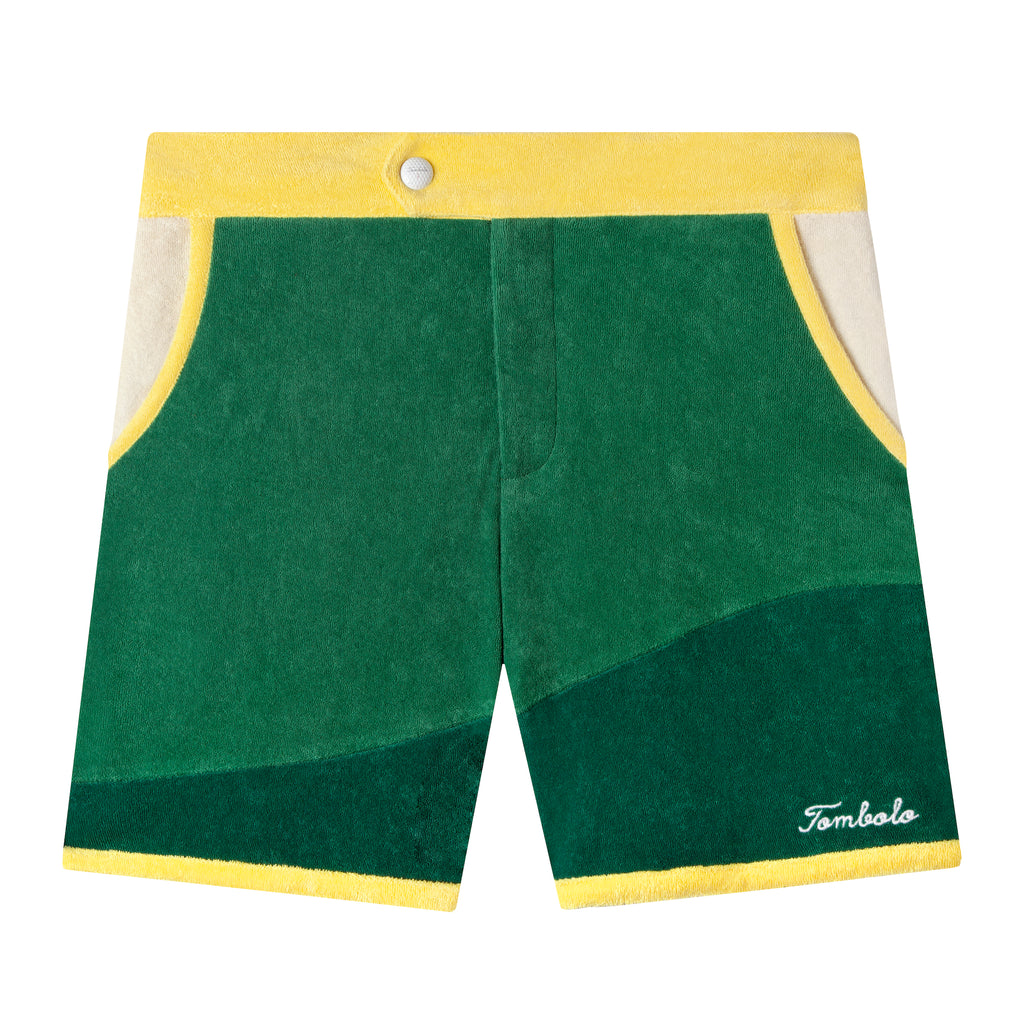 Tombolo Mulligan golf cabana shorts in green terrycloth and cursive Tombolo logo on bottom right 