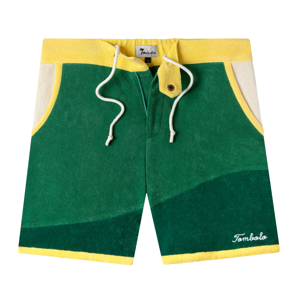 Unbuttoned shorts lay flat showing loose strings and elasticized waistband