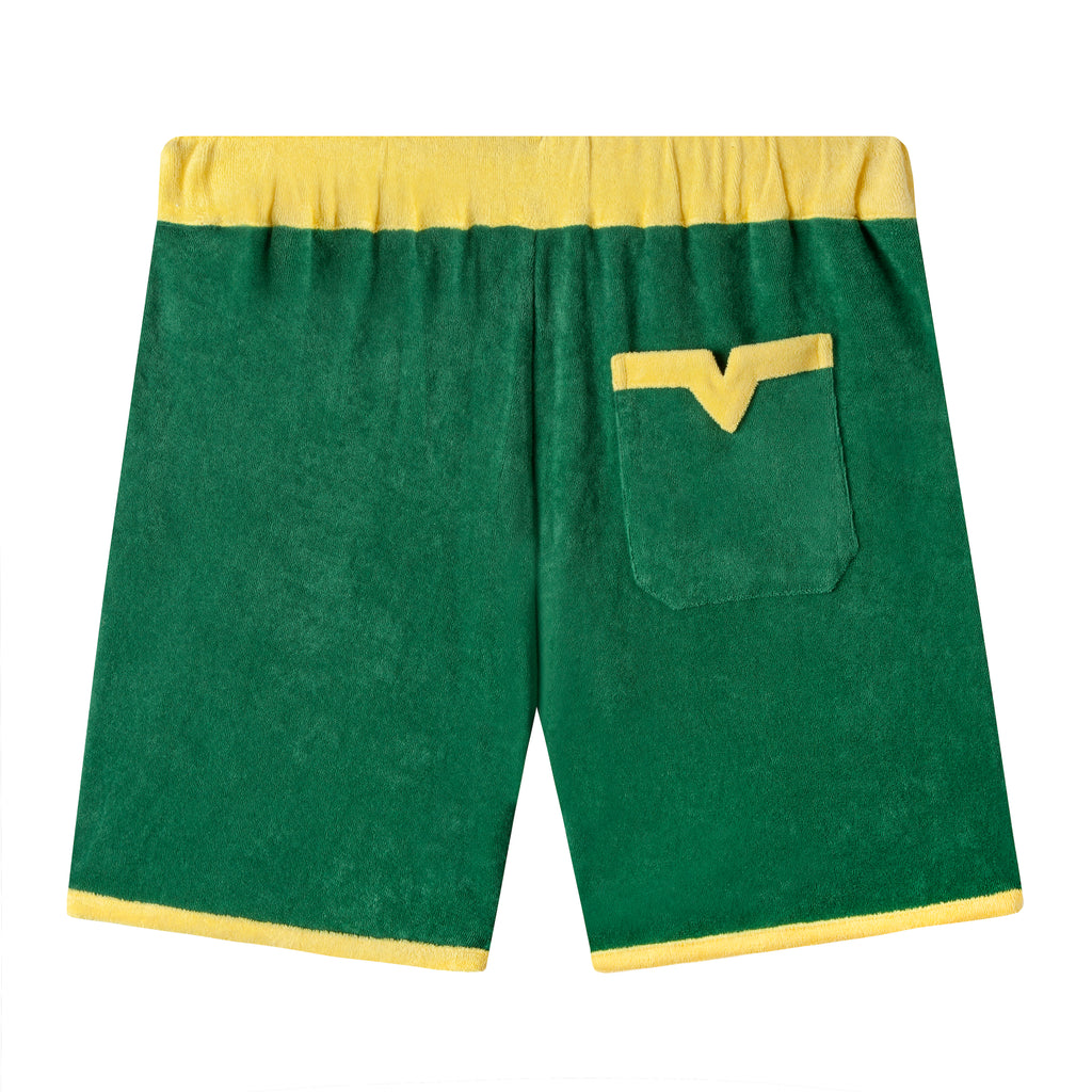 Back lay flat of shorts with yellow top lined v pocket