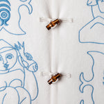 close up of buttons and embroidered figures