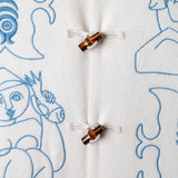 close up of buttons and embroidered figures