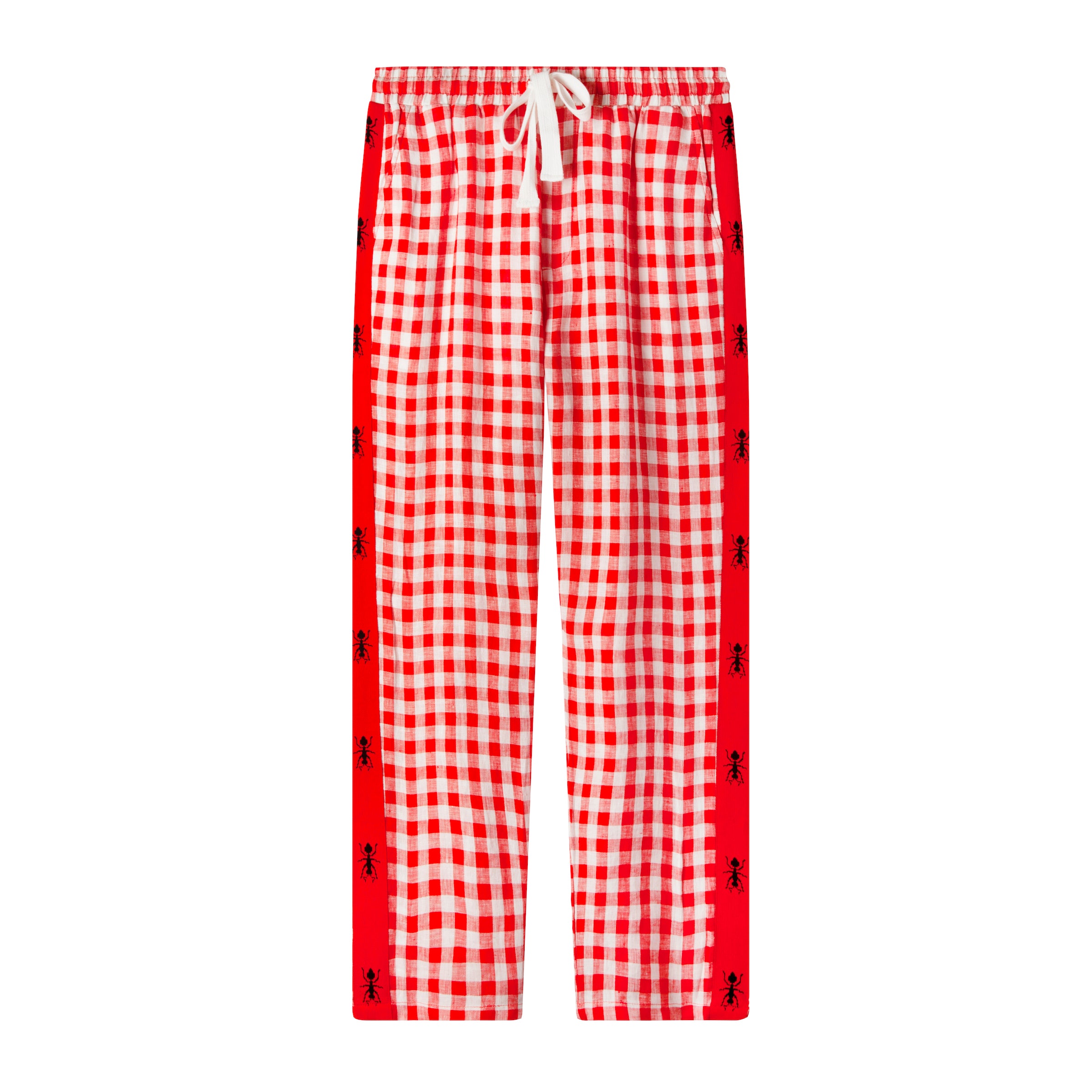 front view of bougie catered picnics pants with checkered red and white pattern and ants