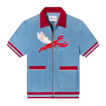 Blue terry cloth cabana shirt with full zip front opening featuring an embroidered lobster with wings across the chest