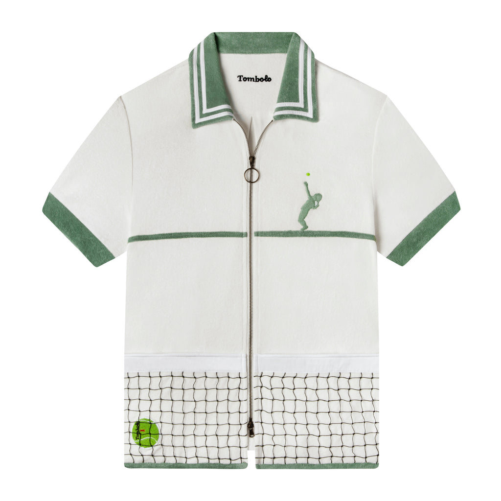Flat lay product photo of shirt showing light green contrast collar and sleeve borders along with embroidered tennis player and ball and mesh net pockets