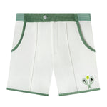 lay flat product photo of shorts, showing light green waistband and small tennis racket embroidery on bottom right corner 