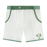 lay flat product photo of shorts, showing light green waistband and small tennis racket embroidery on bottom right corner 