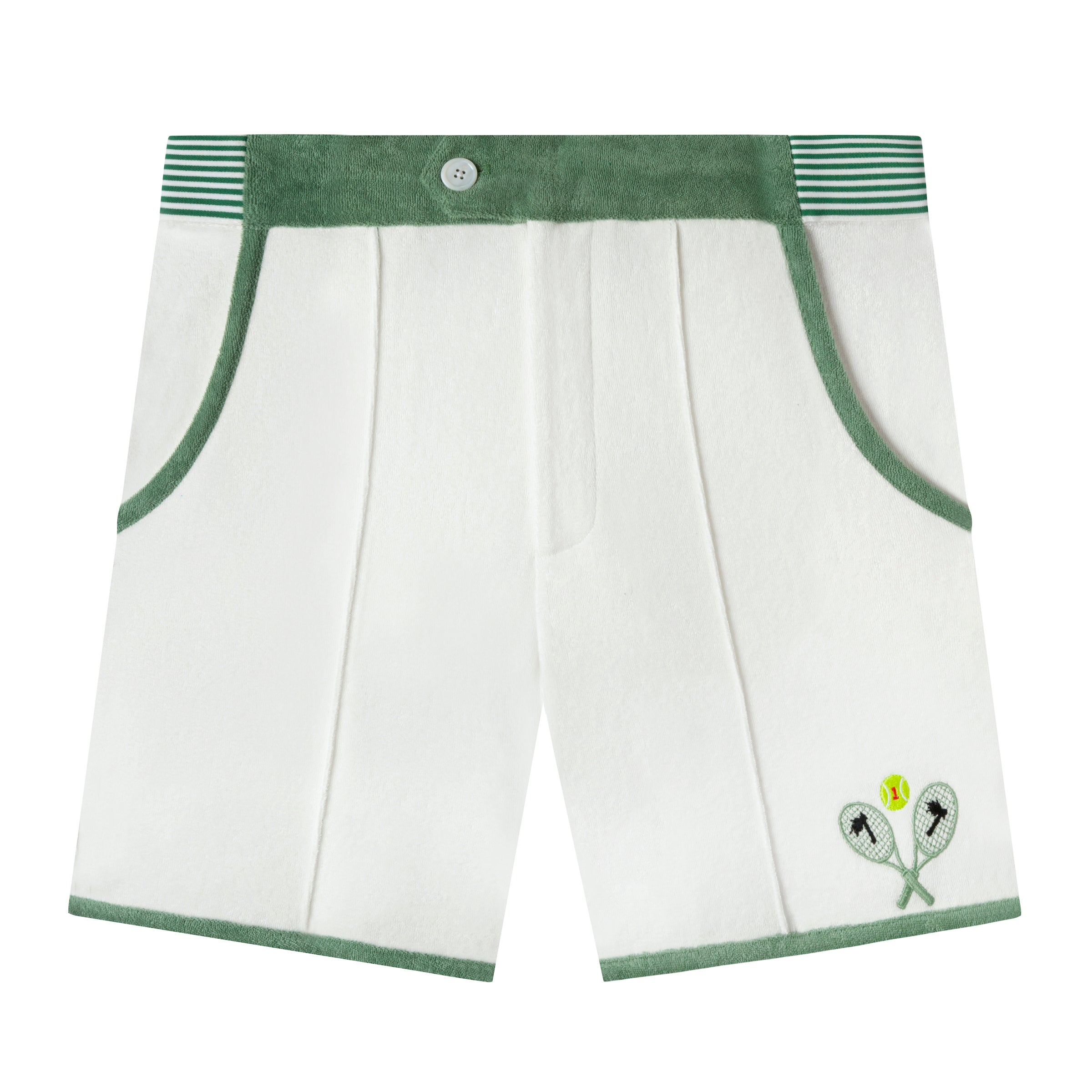 lay flat product photo of shorts, showing light green waistband and small tennis racket embroidery on bottom right corner 