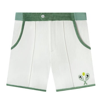 lay flat product photo of shorts, showing light green waistband and small tennis racket embroidery on bottom right corner 