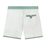 back view product photo of shorts, showing white and green striped waistband and v pocket with green strip at top