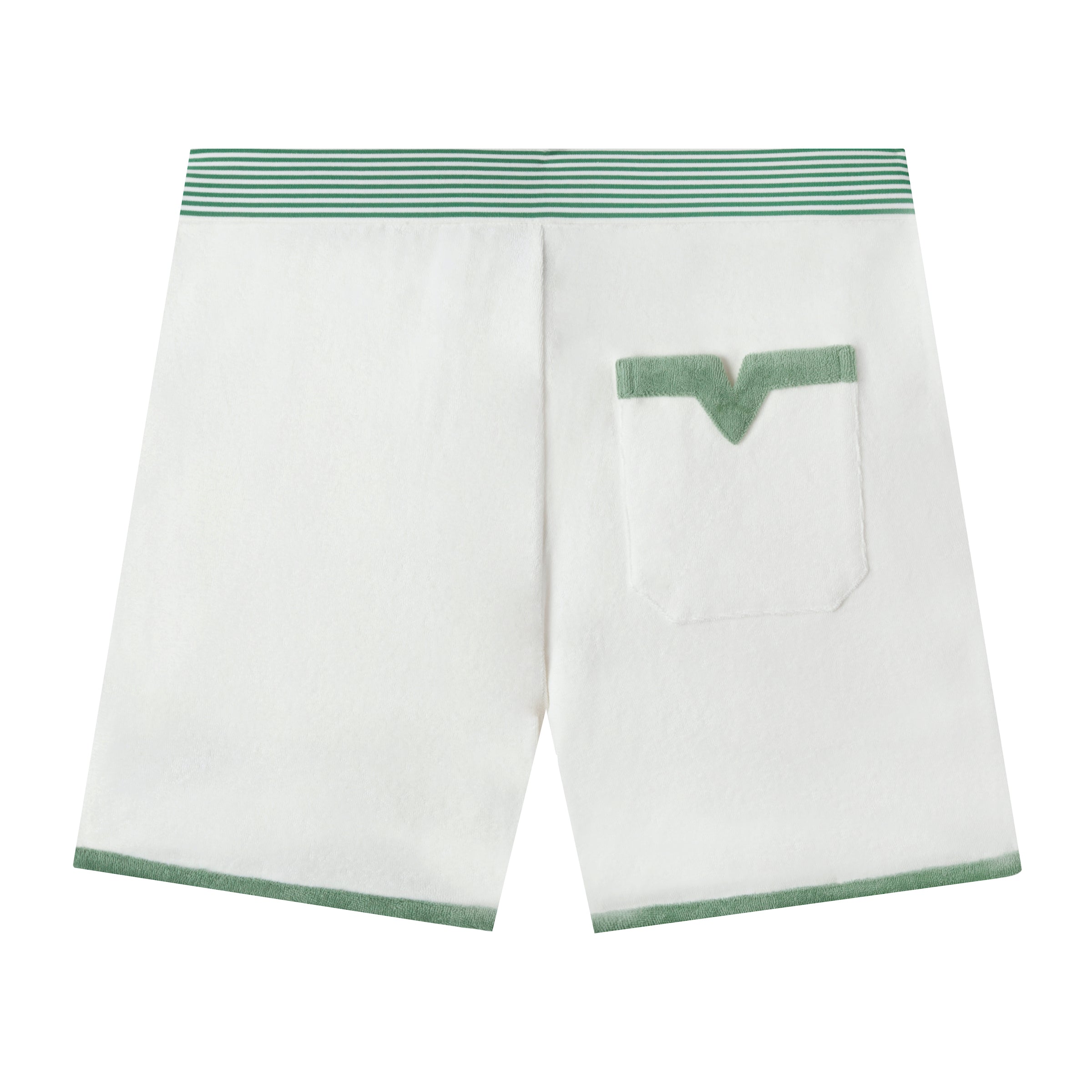 back view product photo of shorts, showing white and green striped waistband and v pocket with green strip at top