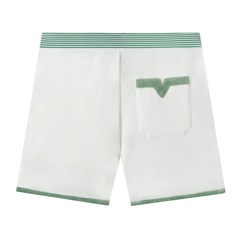 back view product photo of shorts, showing white and green striped waistband and v pocket with green strip at top
