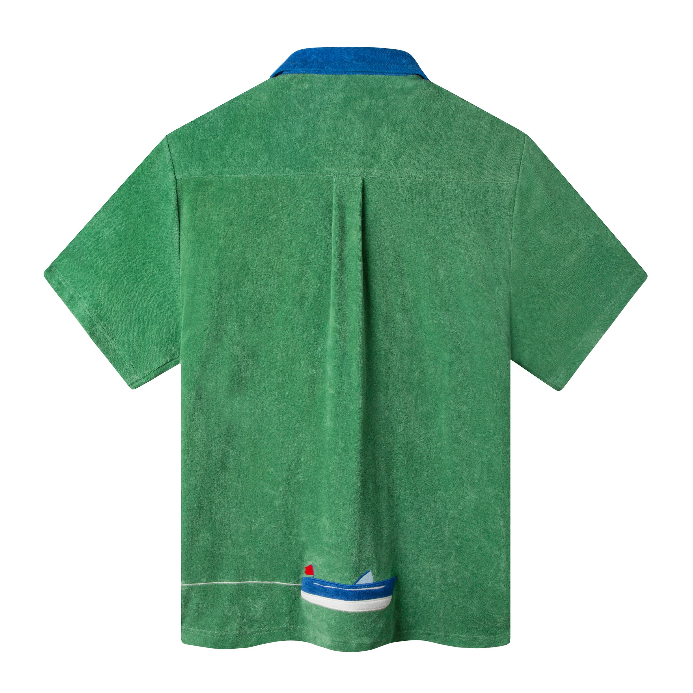 back view of the shirt, all green with a box drape panel and a little row boat at the bottom middle