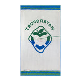 back view of towel, mostly white with water sport and life preserver in opposing blue and green colors