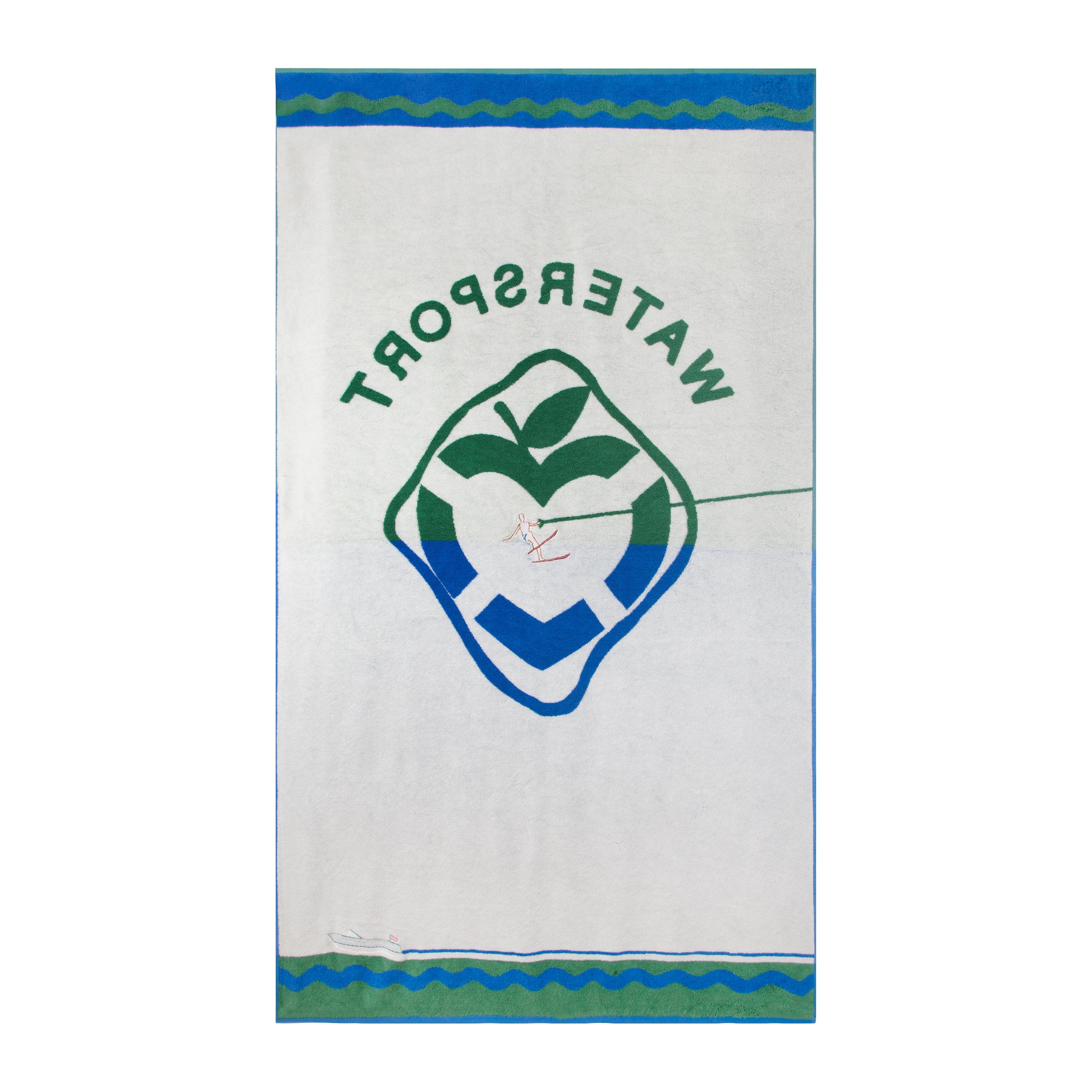 back view of towel, mostly white with water sport and life preserver in opposing blue and green colors