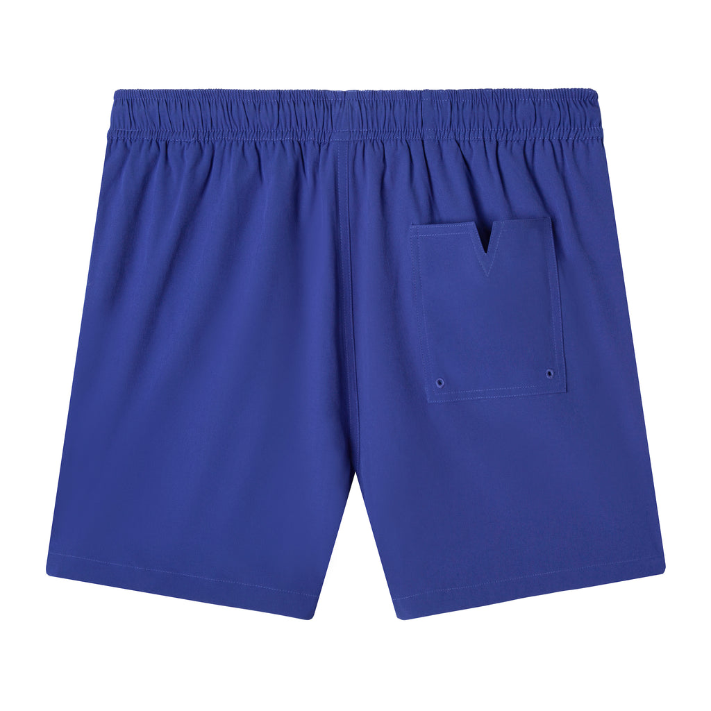 Back view of swim trunks showing signature back v pocket