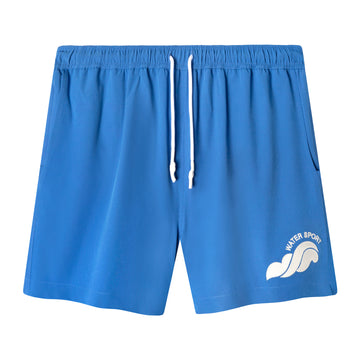 Front lay flat product photo of water sport swim trunks showing the embroidered water sport and wave emblem along with the white silicon dipped drawstrings