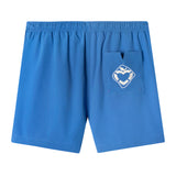 Back view of shorts showing signature back v pocket and hotel magique life preserver emblem