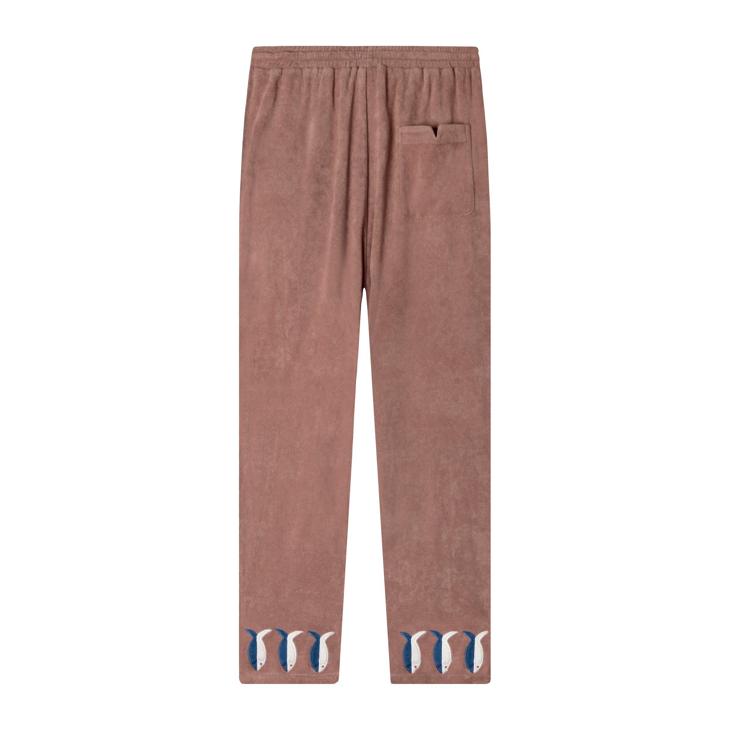 Back lay flat of Scuba terry cloth pants with V pocket