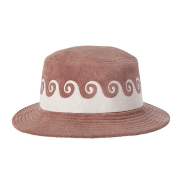 Product photo of bucket hat showing contrast tan and white wave applique