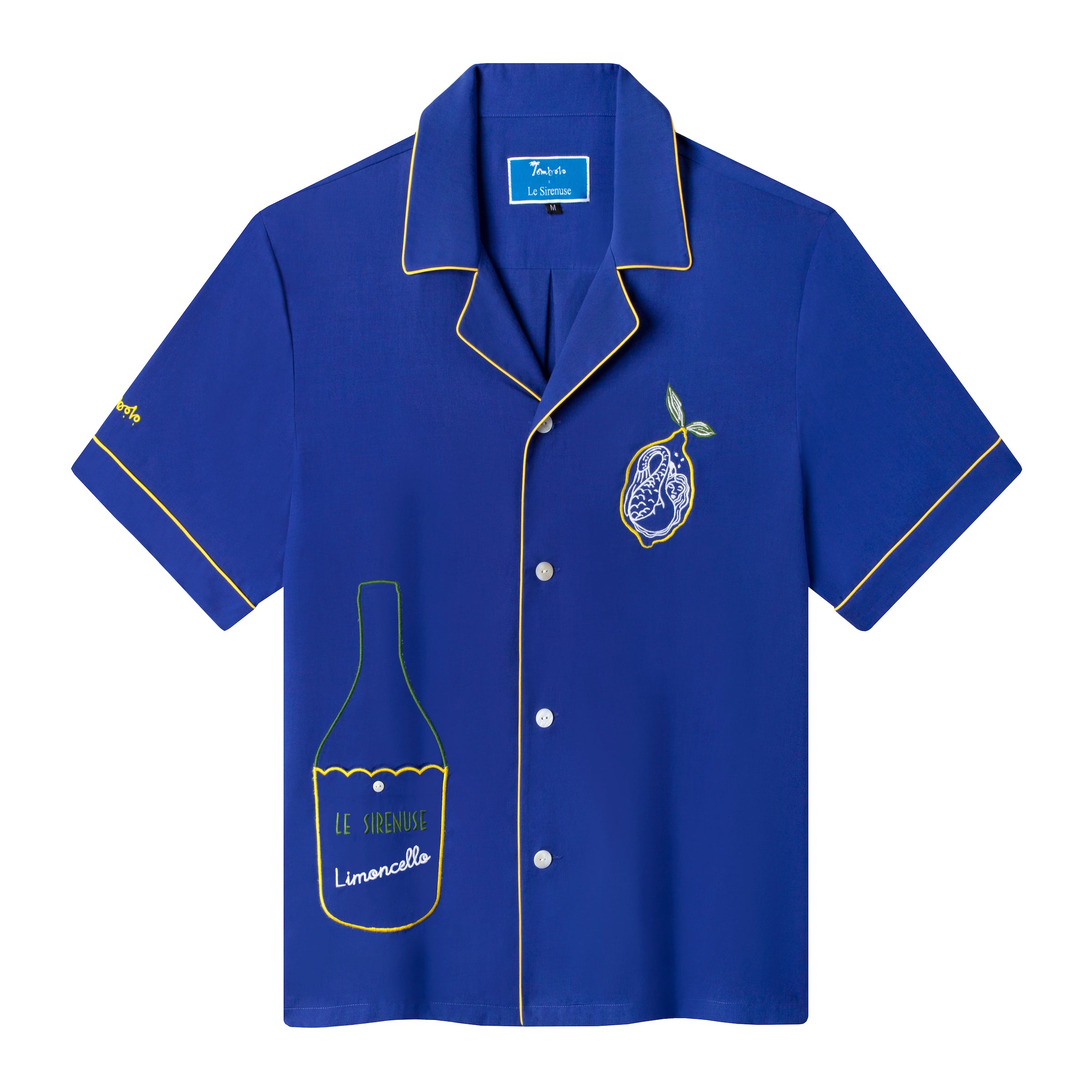Lay flat product photo of blue le sirenuse limoncello shirt with yellow contrast piping
