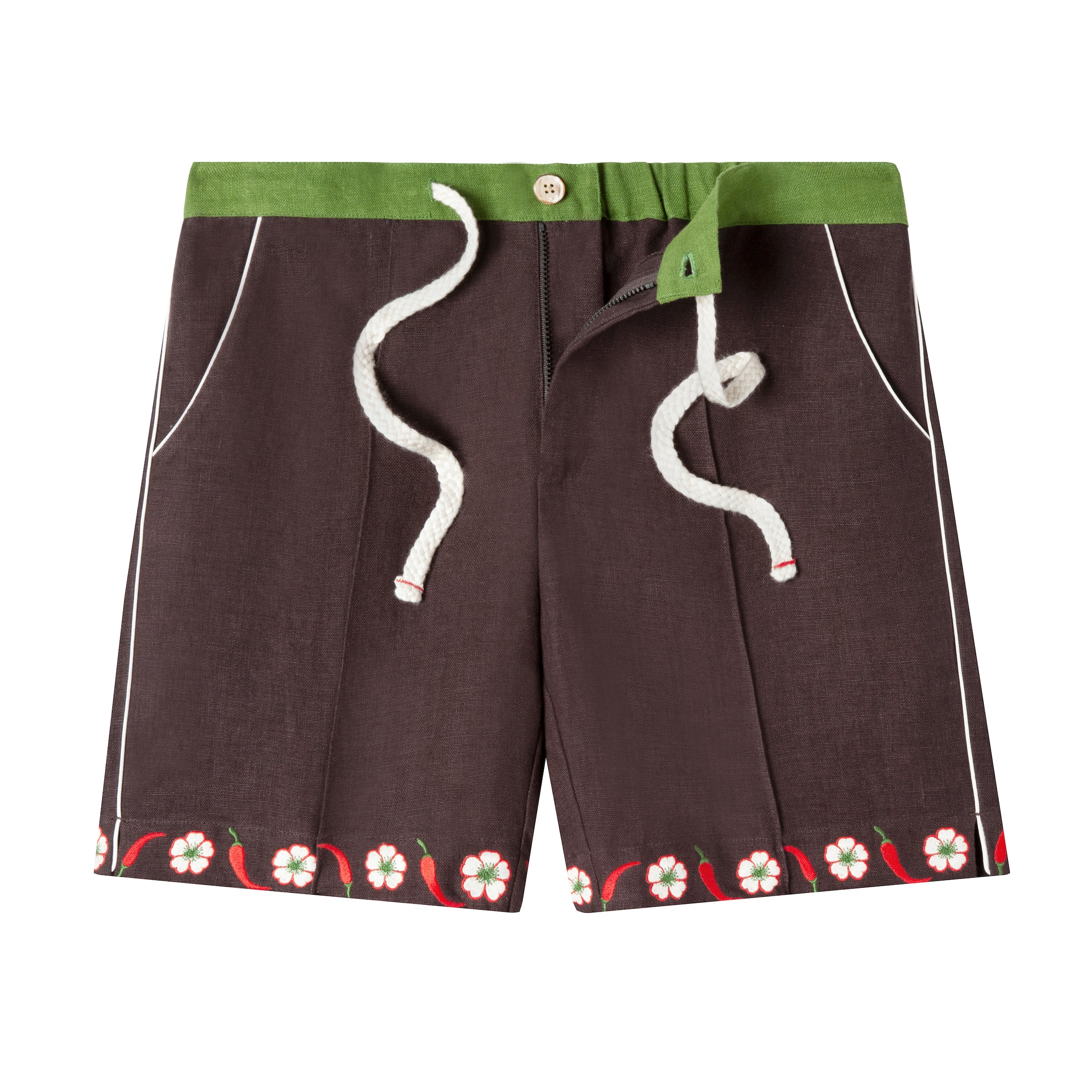 Cabana shorts in brown linen with embroidered red chili peppers and white chili flowers forming a border along both leg openings. Green waistband.  Drawstring untied and zipper undone to show that there is a functional fly.