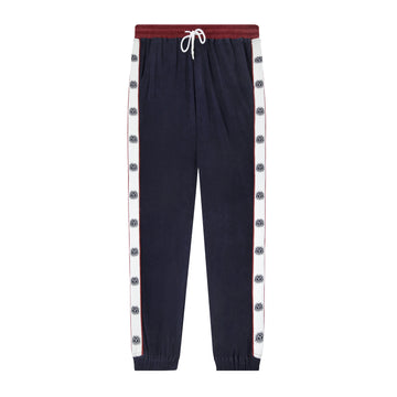 Front lay flat product photo of pants showing navy maroon and white contrasts