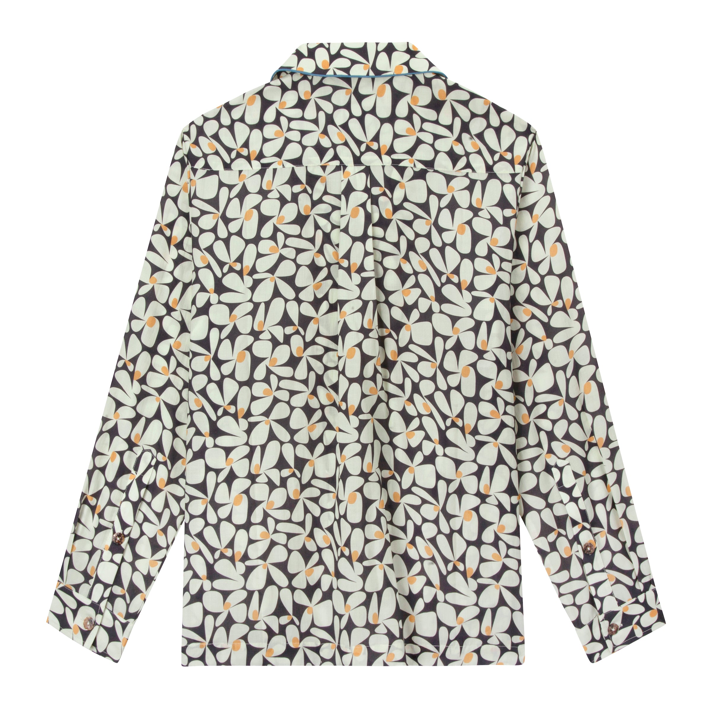 Back view of sunny disposition long sleeve showing box panel draping for ease of movement