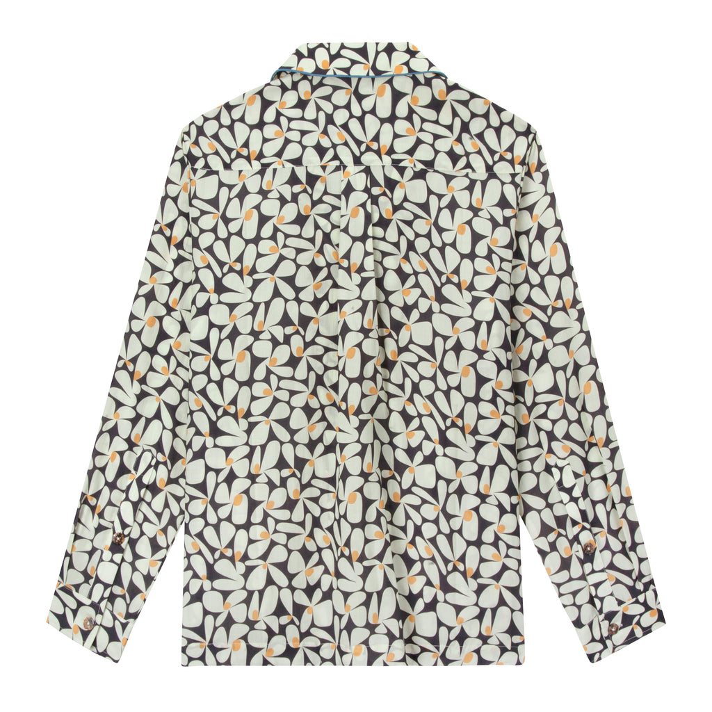 Back view of sunny disposition long sleeve showing box panel draping for ease of movement