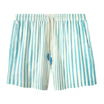 Front view product photo showing vertical watercolor blue stripes and white drawstrings with tips dipped in blue silicon 