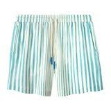 Front view product photo showing vertical watercolor blue stripes and white drawstrings with tips dipped in blue silicon 