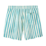 Back view product photo of shorts showing pocket with blue piping and v detailing at opening