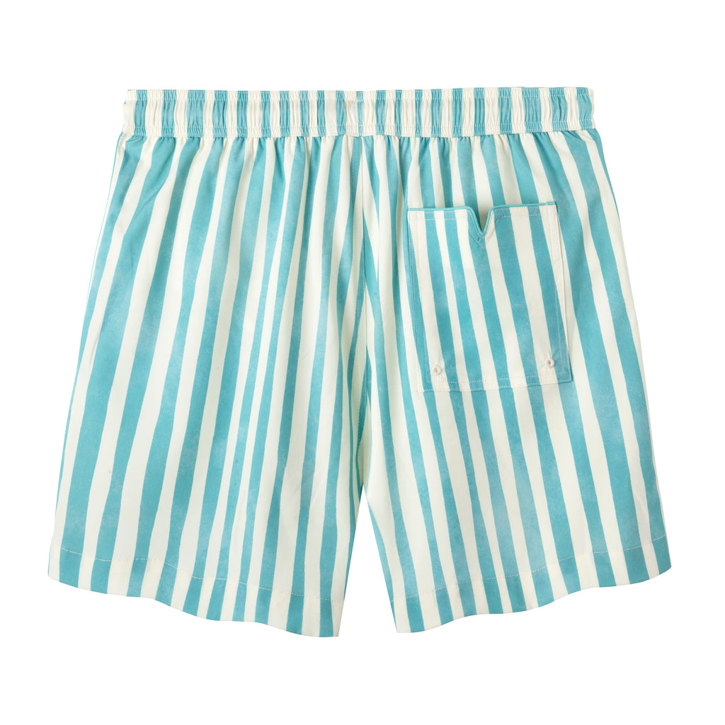 Back view product photo of shorts showing pocket with blue piping and v detailing at opening