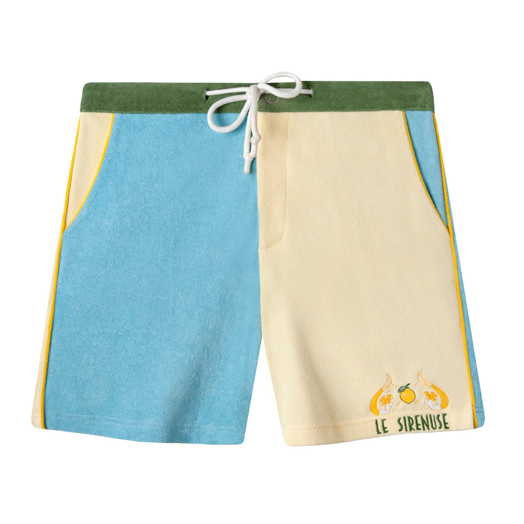 Front view of shorts colorblocked with blue and yellow legs and a green waistband