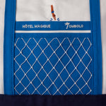 close up of blue outer pocket of bag covered in a white holey mesh