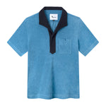 Front view of the blue polo with a navy collar