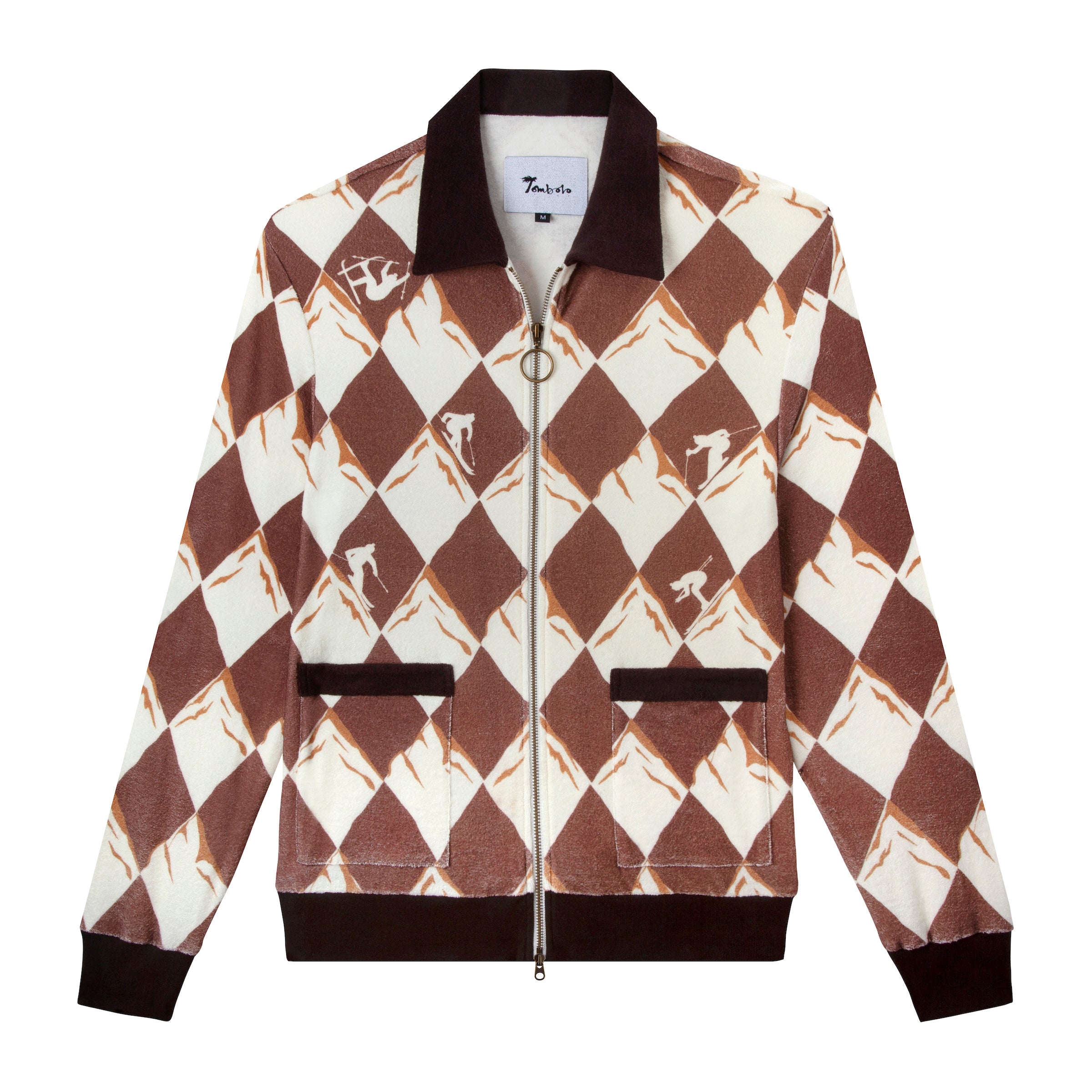 Tombolo black Diamond Cabana jacket with A 'black diamond' motif with the diamonds forming treacherous mountains that are confounding some skiers.