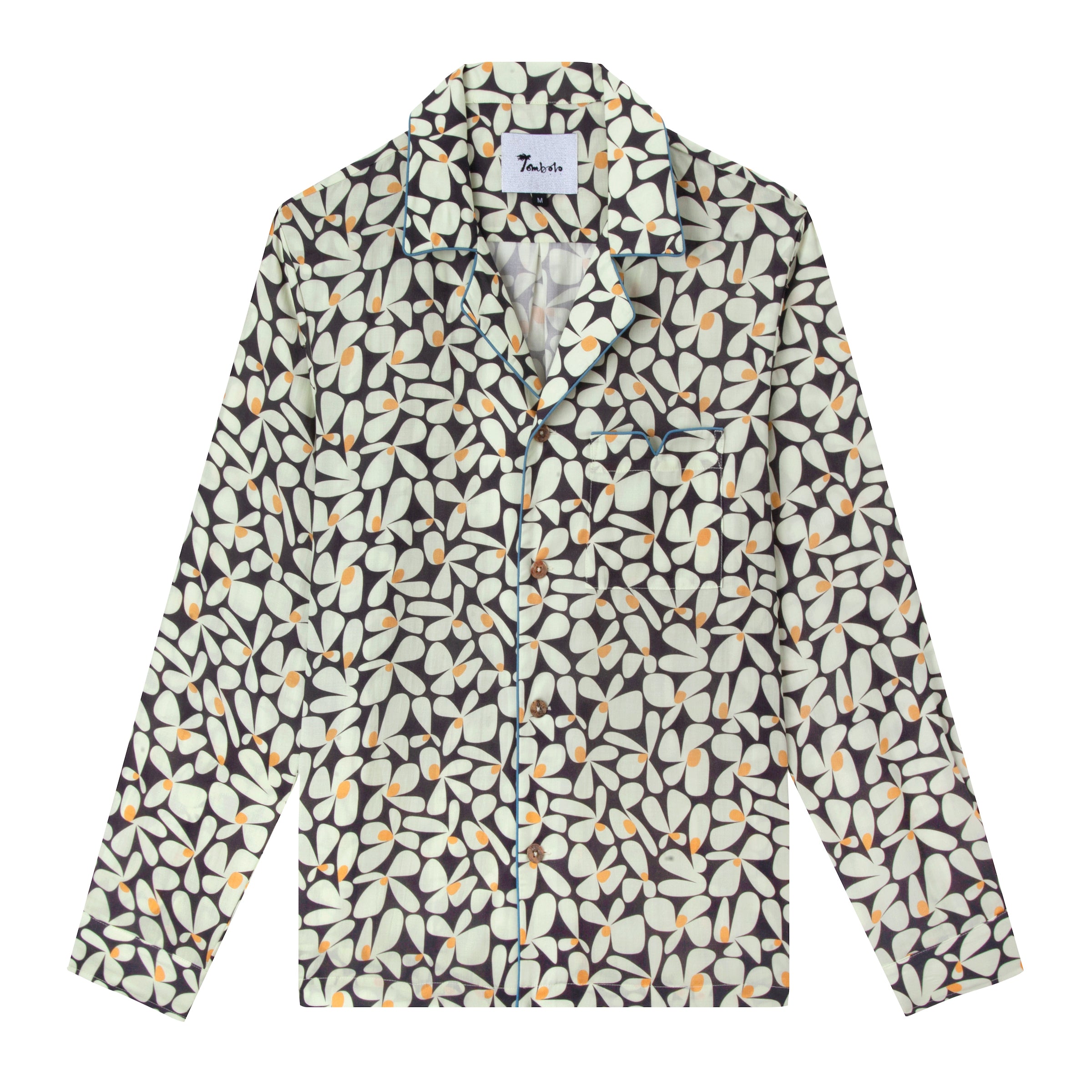 Product photo of shirt depicting the recurring 60s style daisy theme with blue piping on the pockets and collar